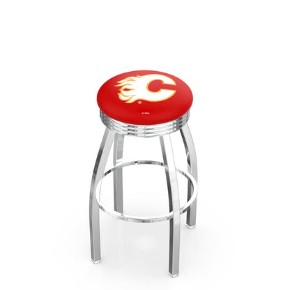 30" L8C3C - Chrome Calgary Flames Swivel Bar Stool with 2.5" Ribbed Accent Ring by Holland Bar Stool Company