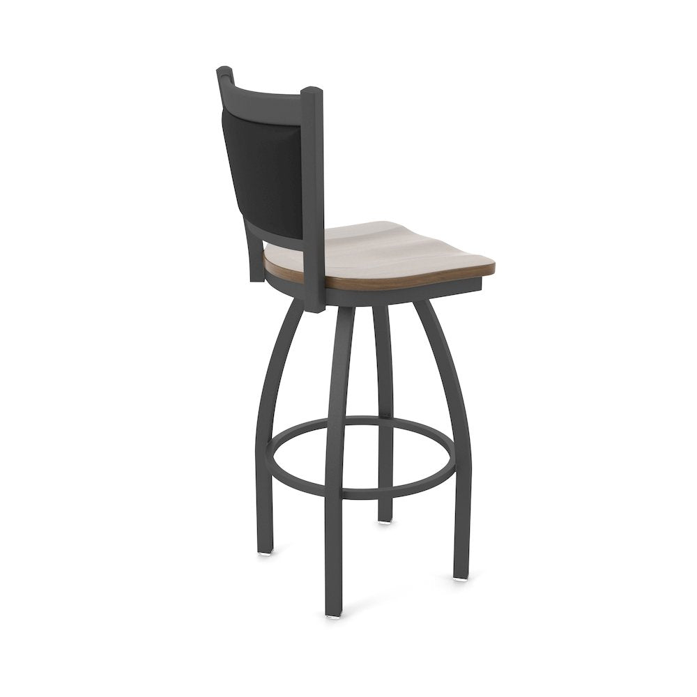 Swivel Bar Stool with Pewter Finish and Dark Maple Seat and Black Vinyl Back