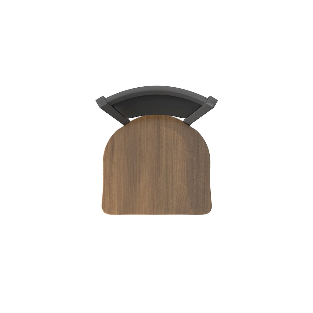 Swivel Bar Stool with Pewter Finish and Dark Maple Seat and Black Vinyl Back