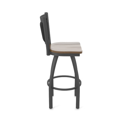 Swivel Bar Stool with Pewter Finish and Dark Maple Seat and Black Vinyl Back