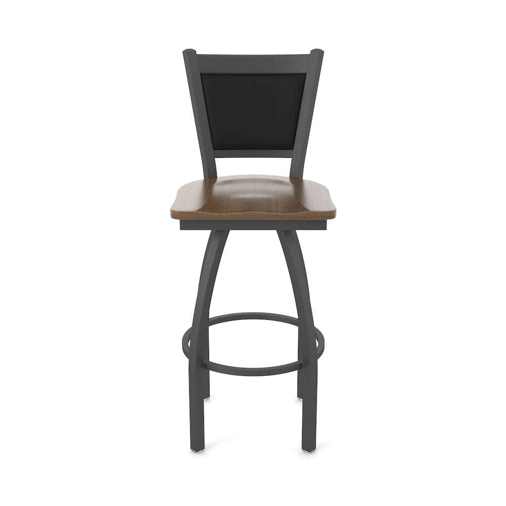 Swivel Bar Stool with Pewter Finish and Dark Maple Seat and Black Vinyl Back