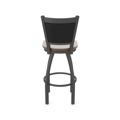 Swivel Bar Stool with Pewter Finish and Dark Maple Seat and Black Vinyl Back