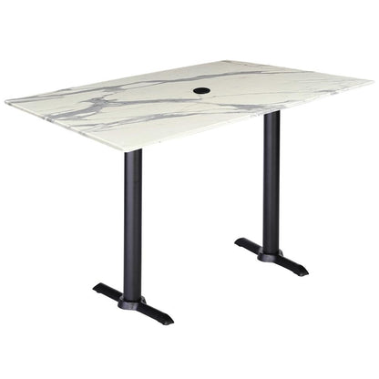 Two 36" Tall OD211EB Indoor/Outdoor All-Season Table Bases with a 30" x 48" White Marble Top with Umbrella Hole