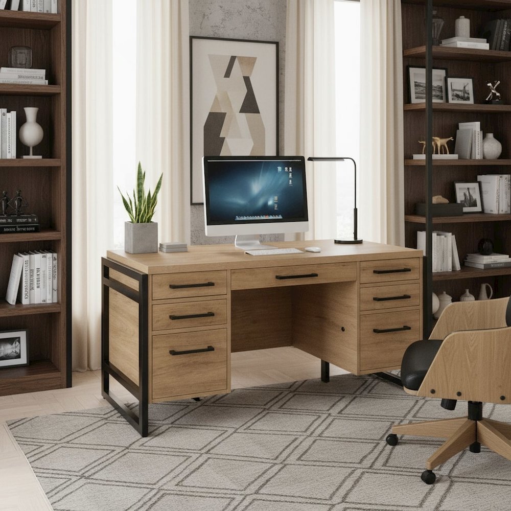 Wood Laminate Office Desk, 7 Drawers, 2 Locking File, Brown