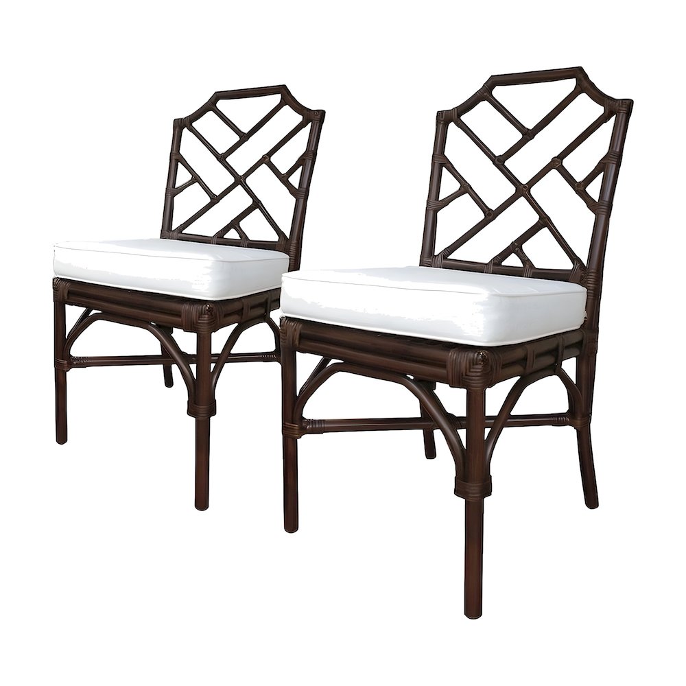 Fabric-Upholstered Rattan Chippendale Dining Chairs, Paloma Brown, Set of 2