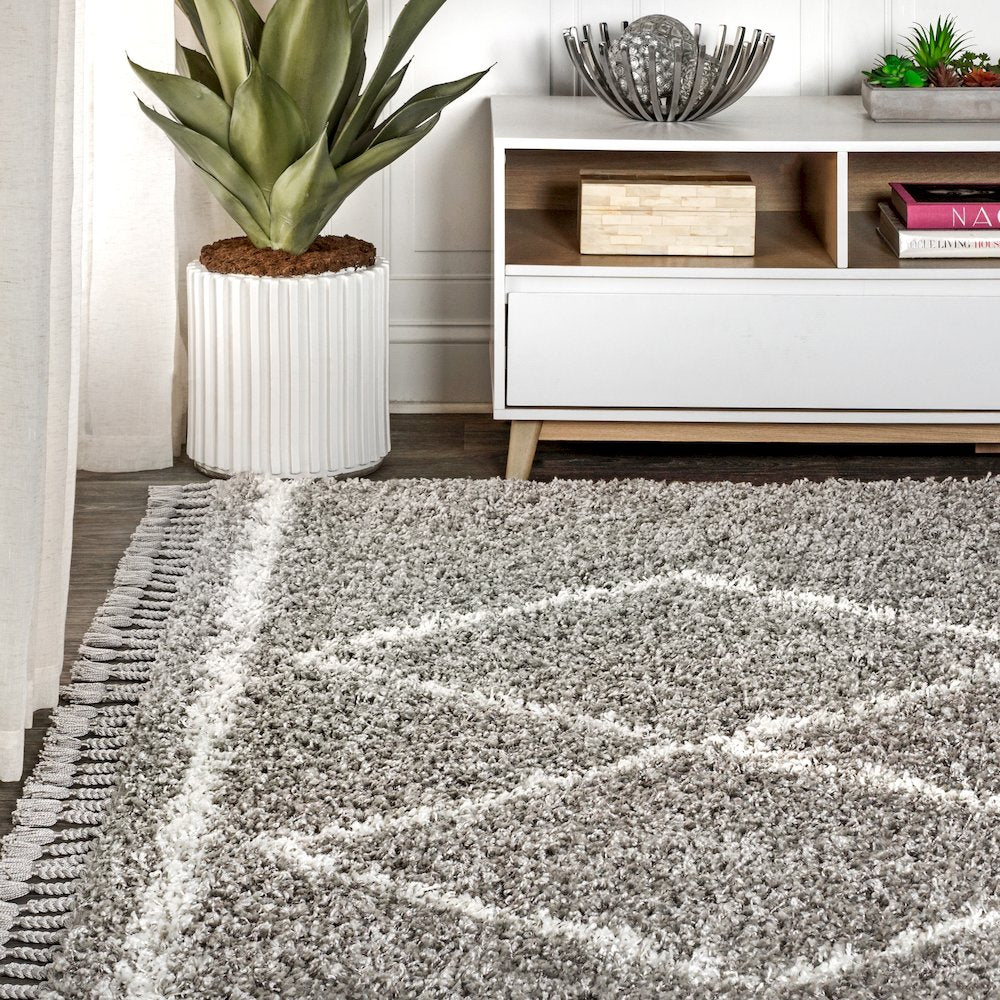 Beautiful Mercer Shag Plush Tassel Moroccan Tribal Geometric Trellis Area Rug