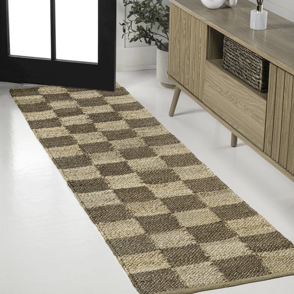 Theo Farmhouse Woven Jute Checkerboard Natural/Brown 2 ft. x 8 ft. Runner Rug