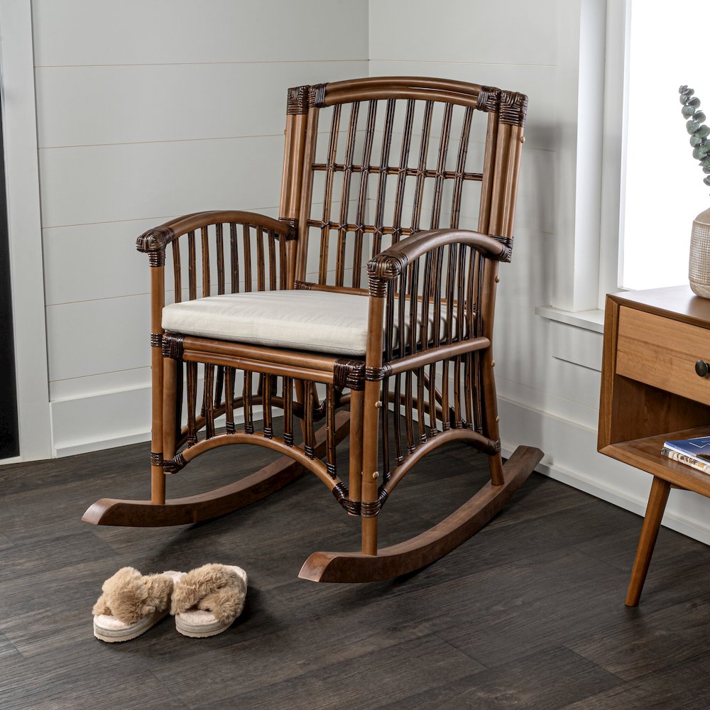 Nelafo 39"H Brown Mango Wood & Rattan Indoor Rocking Chair w/ Cushion