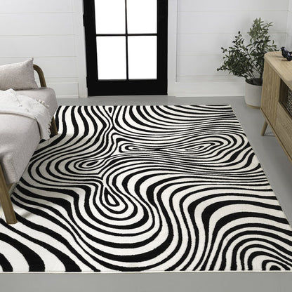 Maribo High-Low Abstract Groovy Striped Black/White 3 ft. x 5 ft. Area Rug