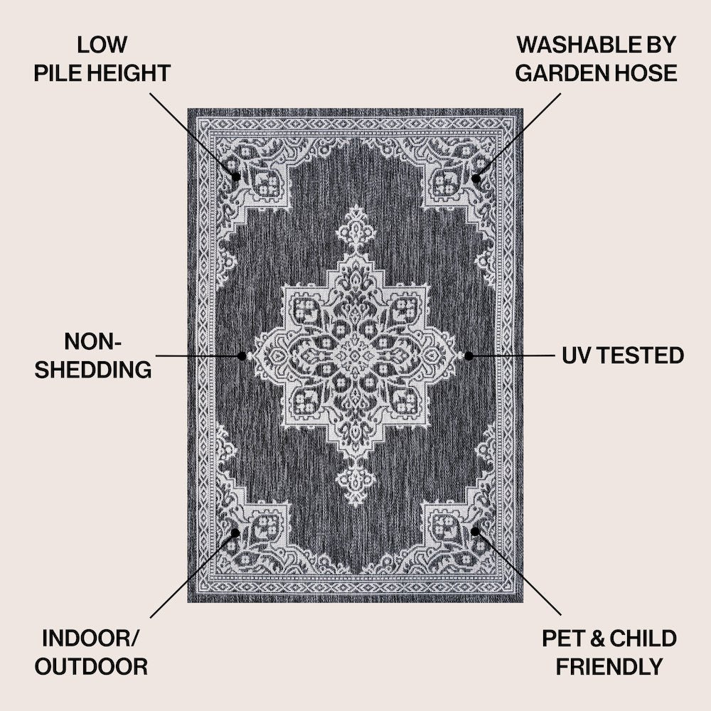 Vintage Casual Medallion Dark Gray/Cream 4 ft. x 6 ft. Indoor/Outdoor Area Rug