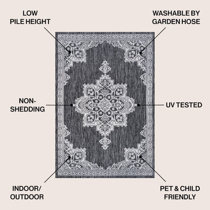 Vintage Casual Medallion Dark Gray/Cream 4 ft. x 6 ft. Indoor/Outdoor Area Rug