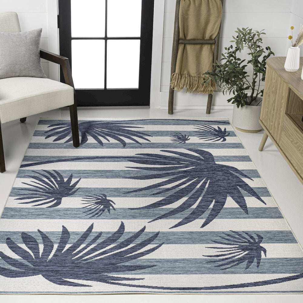 and Palm Leaf Navy/Cream 3 ft. x 5 ft. Indoor/Outdoor Area Rug