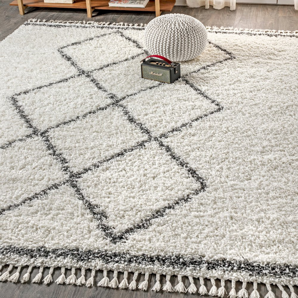 Beautiful Mercer Shag Plush Tassel Moroccan Tribal Geometric Trellis Area Rug