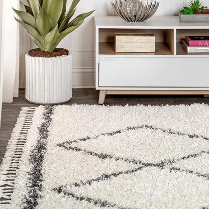 Beautiful Mercer Shag Plush Tassel Moroccan Tribal Geometric Trellis Area Rug