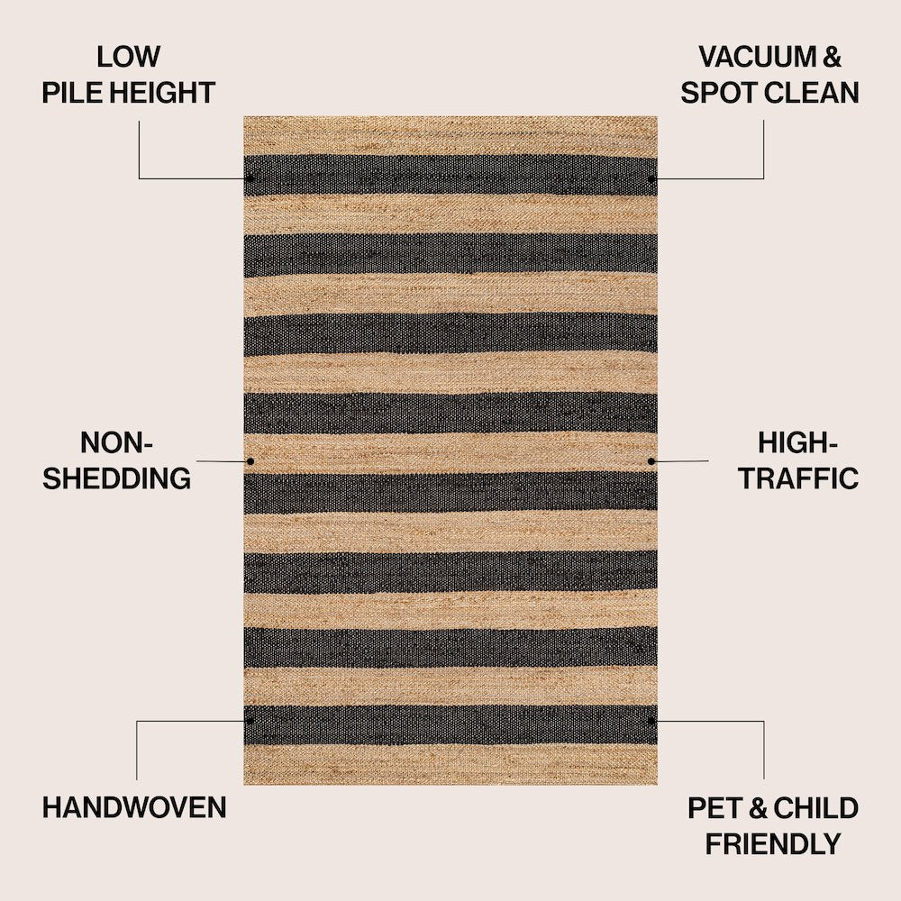 Jayden Rustic Farmhouse Woven Jute Stripe Natural/Black 3 ft. x 5 ft. Area Rug