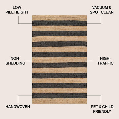 Jayden Rustic Farmhouse Woven Jute Stripe Natural/Black 3 ft. x 5 ft. Area Rug