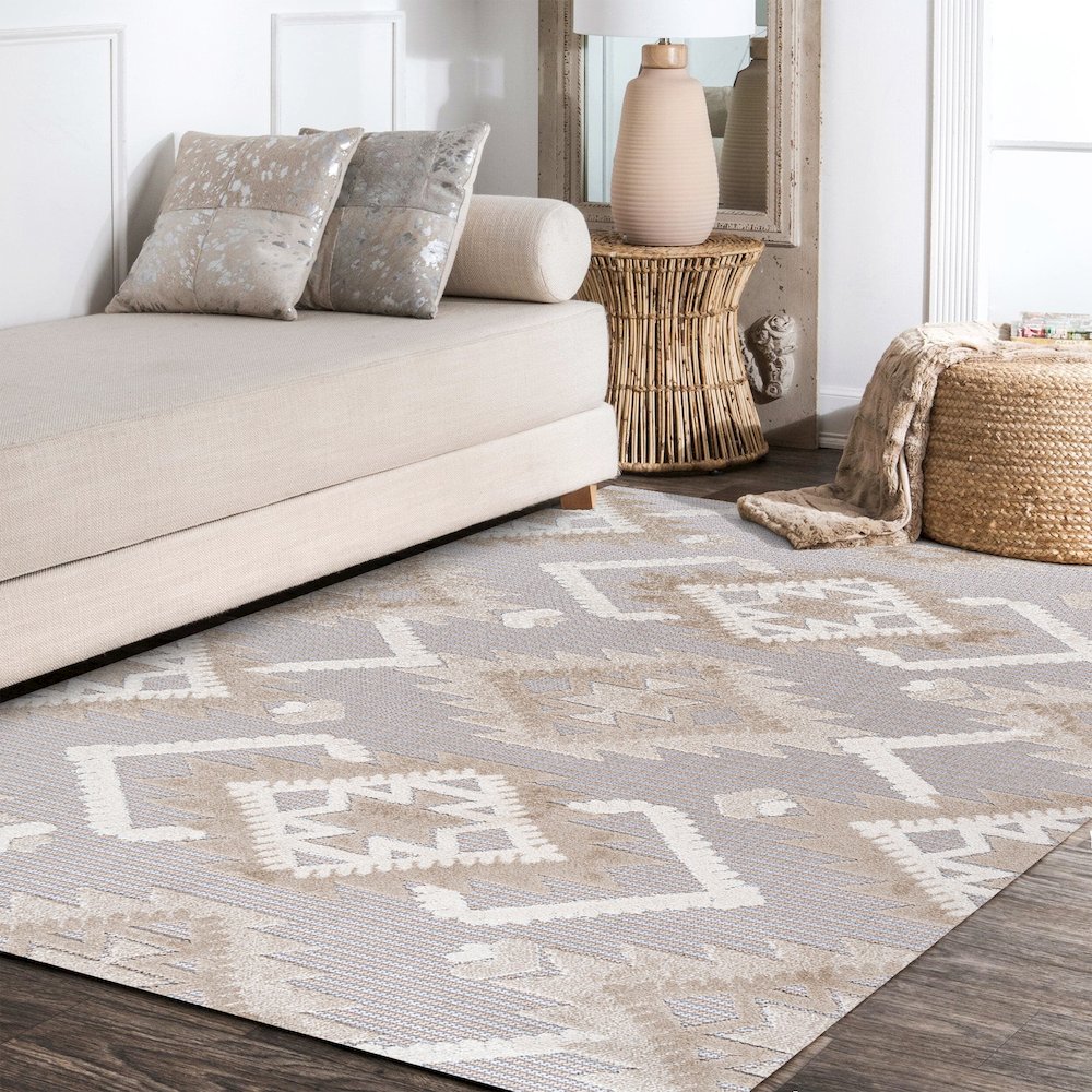 Sumak High-Low Pile Neutral Diamond Kilim Area Rug
