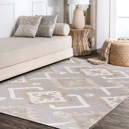 Sumak High-Low Pile Neutral Diamond Kilim Area Rug