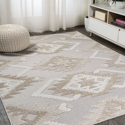 Sumak High-Low Pile Neutral Diamond Kilim Area Rug