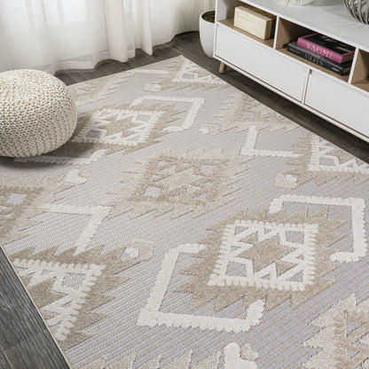 Sumak High-Low Pile Neutral Diamond Kilim Area Rug