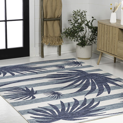 and Palm Leaf Navy/Cream 5 ft. x 8 ft. Indoor/Outdoor Area Rug