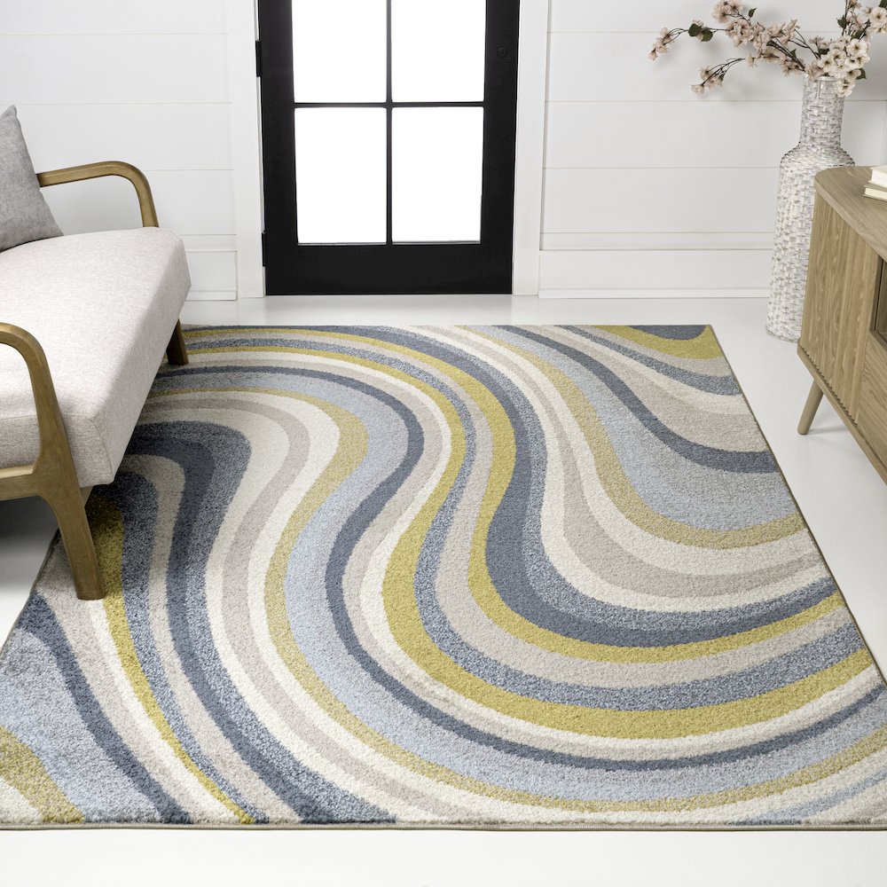 Flow Abstract Swirl Blue/Mustard/Gray 5 ft. x 8 ft. Area Rug