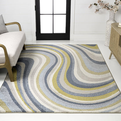 Flow Abstract Swirl Blue/Mustard/Gray 5 ft. x 8 ft. Area Rug