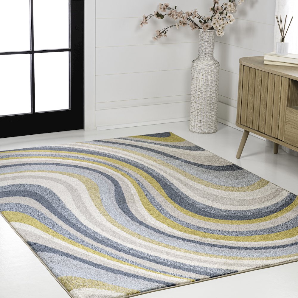 Flow Abstract Swirl Blue/Mustard/Gray 5 ft. x 8 ft. Area Rug