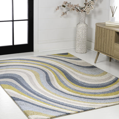 Flow Abstract Swirl Blue/Mustard/Gray 5 ft. x 8 ft. Area Rug