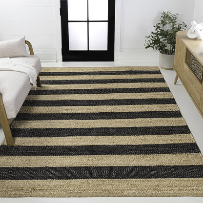 Jayden Rustic Farmhouse Woven Jute Stripe Natural/Black 8 ft. x 10 ft. Area Rug