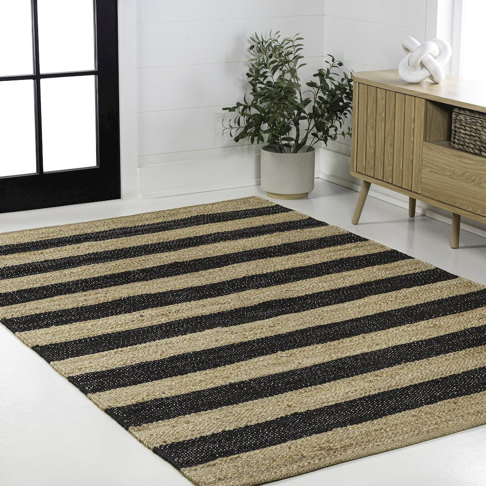 Jayden Rustic Farmhouse Woven Jute Stripe Natural/Black 8 ft. x 10 ft. Area Rug