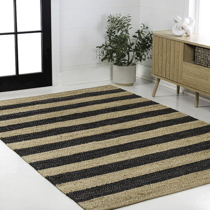 Jayden Rustic Farmhouse Woven Jute Stripe Natural/Black 8 ft. x 10 ft. Area Rug