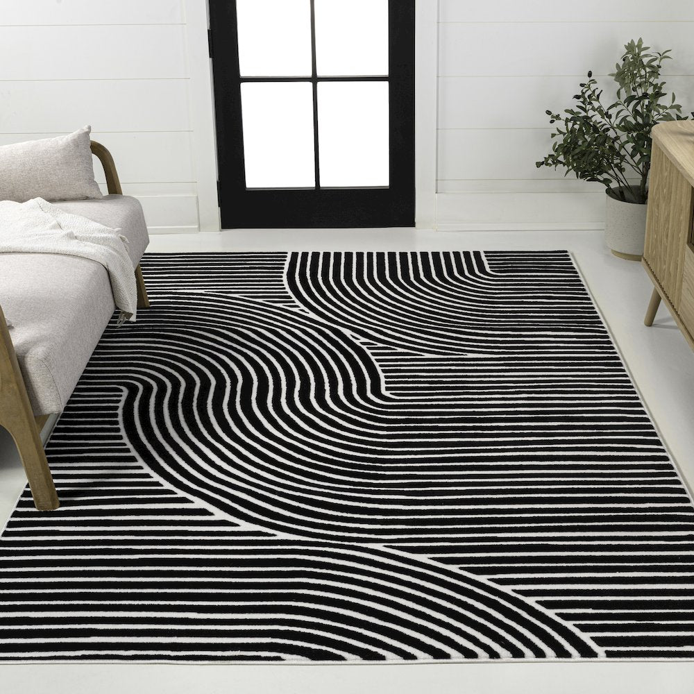 Hallie High-Low Minimalist Curve Geometric Black/White 5 ft. x 8 ft. Area Rug