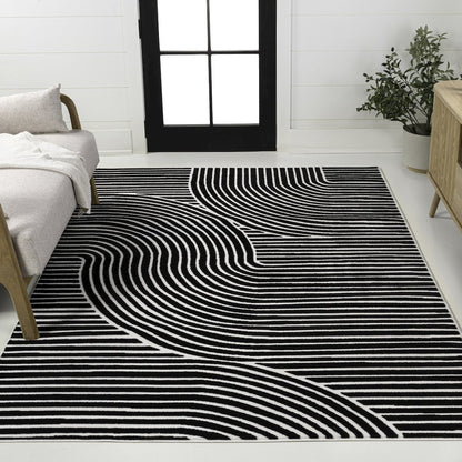 Hallie High-Low Minimalist Curve Geometric Black/White 5 ft. x 8 ft. Area Rug