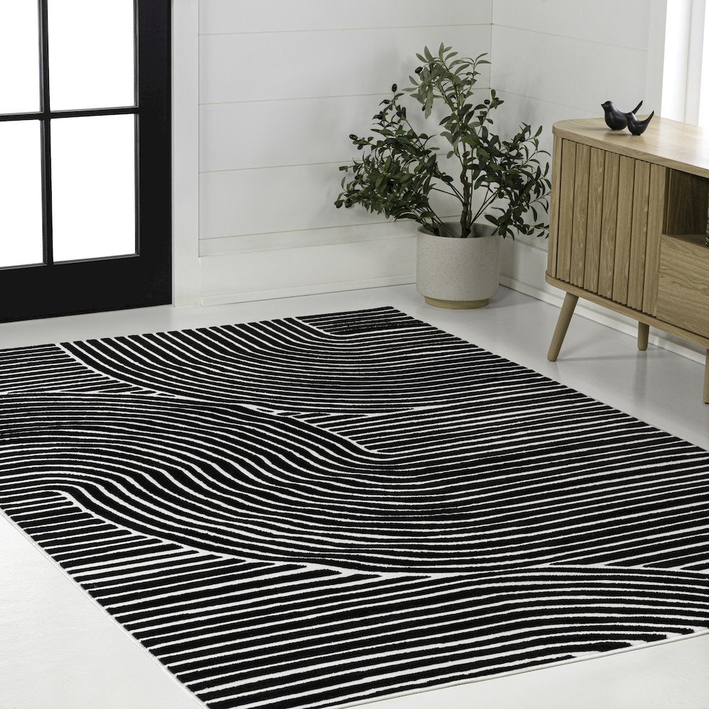 Hallie High-Low Minimalist Curve Geometric Black/White 5 ft. x 8 ft. Area Rug