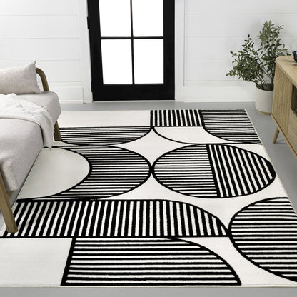 Nordby High-Low Geometric Arch Scandi Striped Black/White 5 ft. x 8 ft. Area Rug