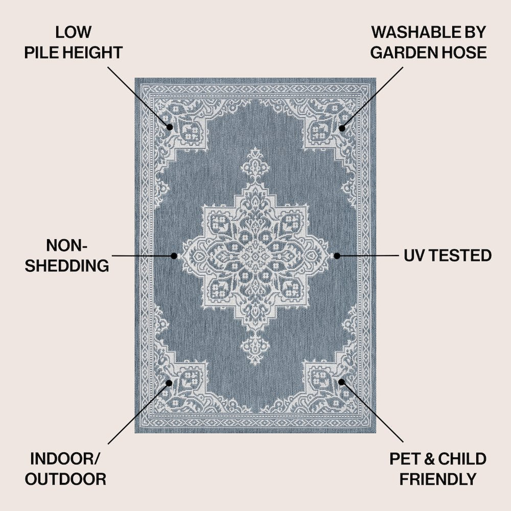 Arden Vintage Casual Medallion Blue/Cream 8 ft. x 10 ft. Indoor/Outdoor Area Rug
