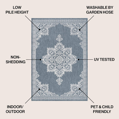 Arden Vintage Casual Medallion Blue/Cream 8 ft. x 10 ft. Indoor/Outdoor Area Rug
