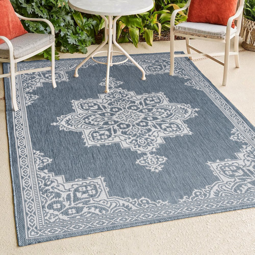 Arden Vintage Casual Medallion Blue/Cream 8 ft. x 10 ft. Indoor/Outdoor Area Rug