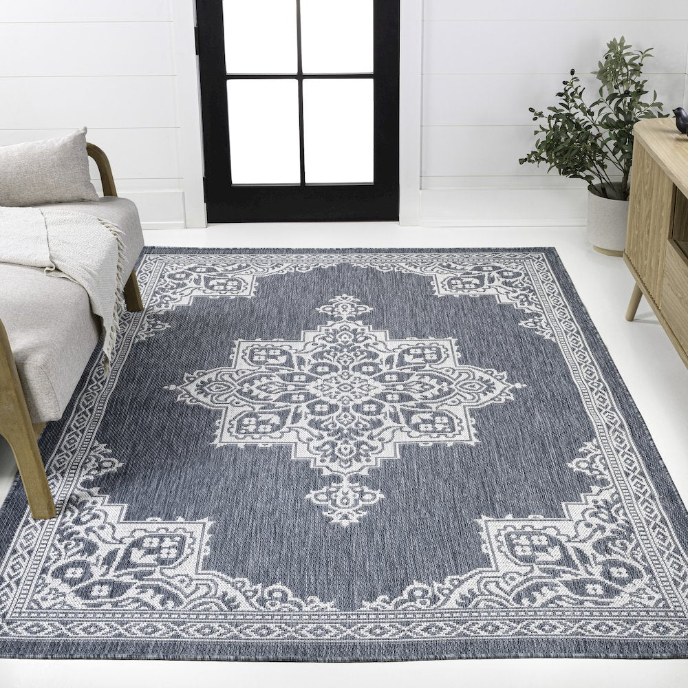 Arden Vintage Casual Medallion Blue/Cream 8 ft. x 10 ft. Indoor/Outdoor Area Rug