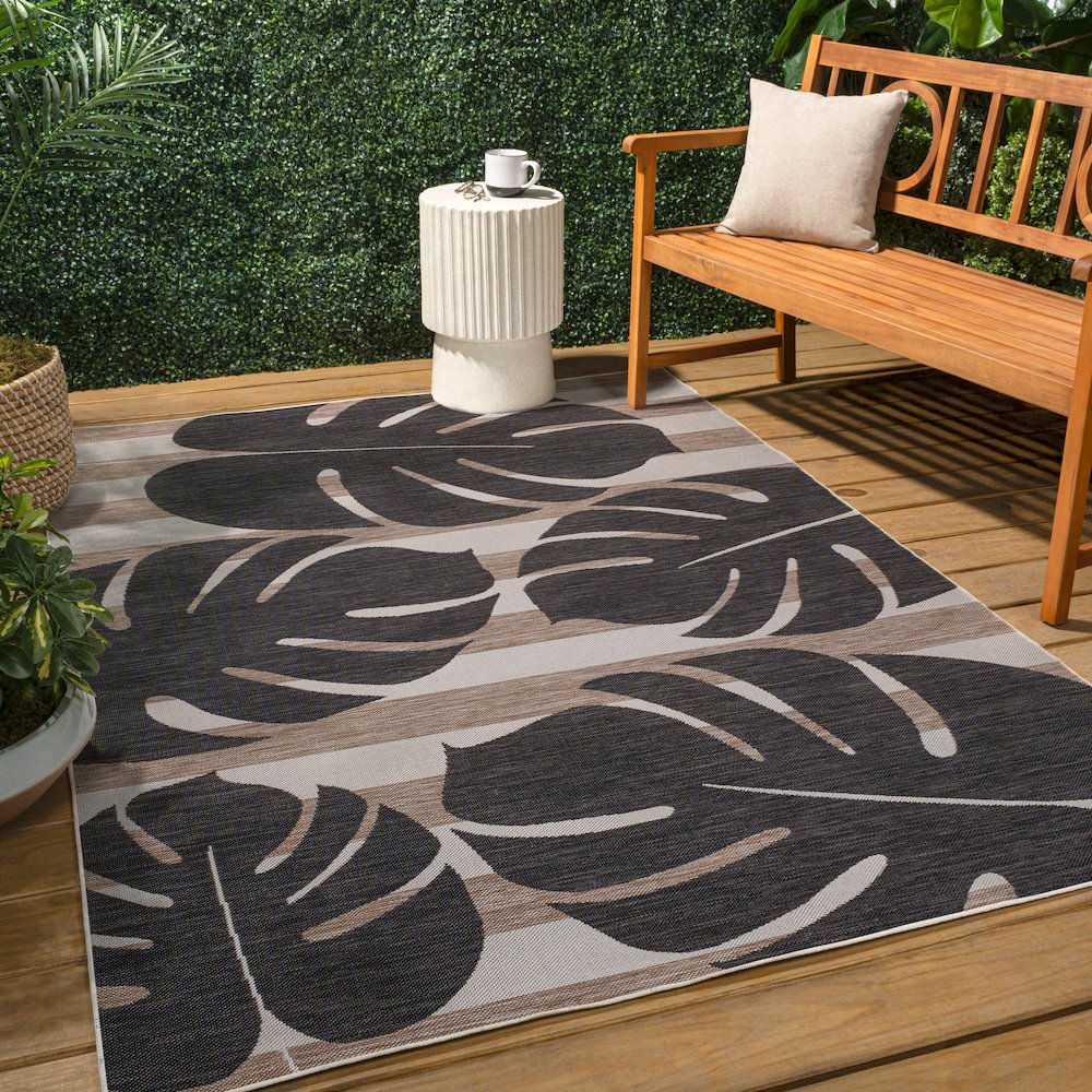 and Monstera Leaf Black/Beige 8 ft. x 10 ft. Indoor/Outdoor Area Rug
