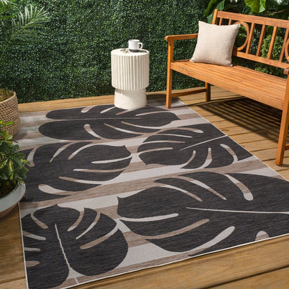 and Monstera Leaf Black/Beige 8 ft. x 10 ft. Indoor/Outdoor Area Rug
