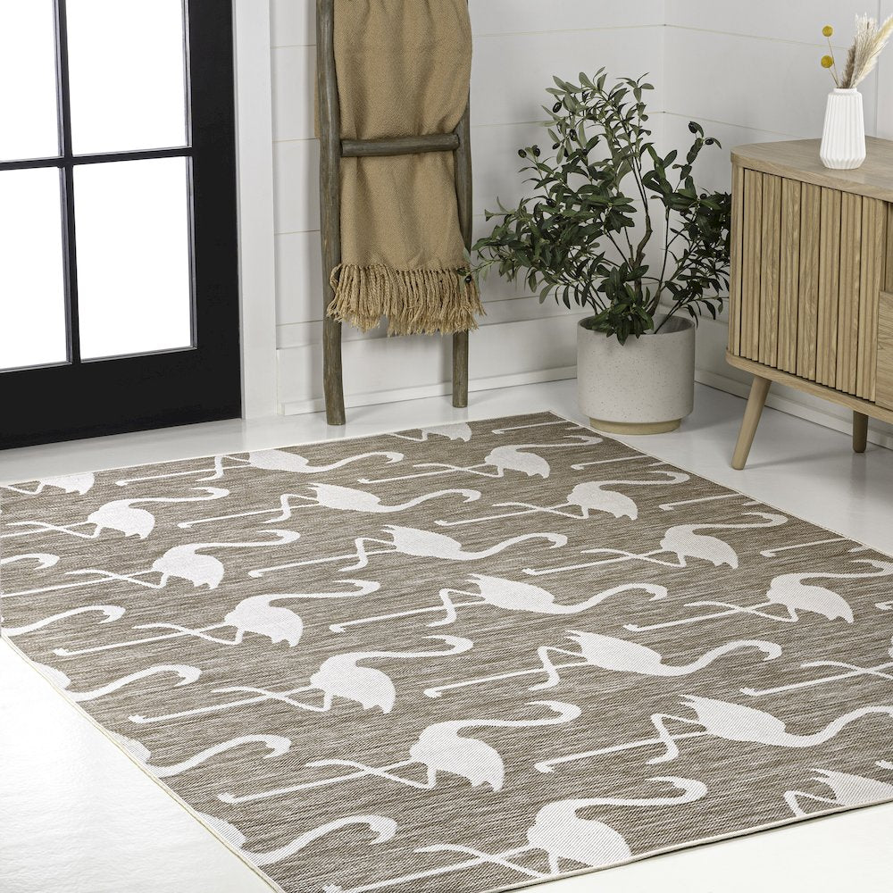 Flamingos Two-Tone Beige/White 8 ft. x 10 ft. Indoor/Outdoor Area Rug