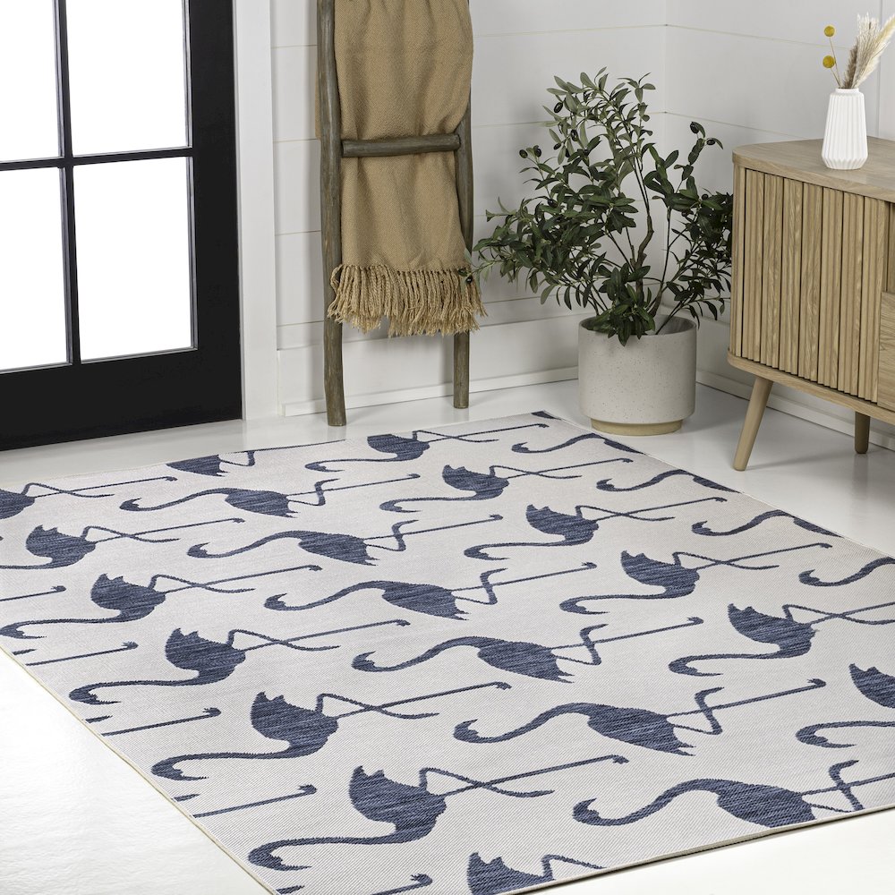 Flamingos Two-Tone White/Navy 8 ft. x 10 ft. Indoor/Outdoor Area Rug