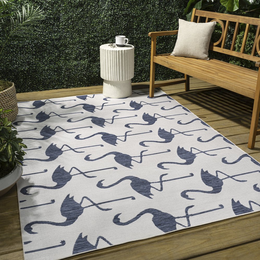 Flamingos Two-Tone White/Navy 8 ft. x 10 ft. Indoor/Outdoor Area Rug