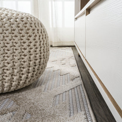 Sumak High-Low Pile Neutral Diamond Kilim Area Rug