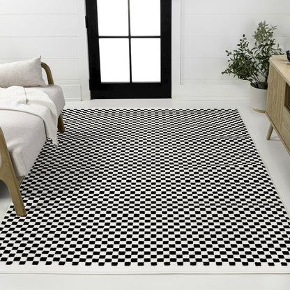 Finn High-Low Modern Minimalist Checkered Monotone Black/White Area Rug
