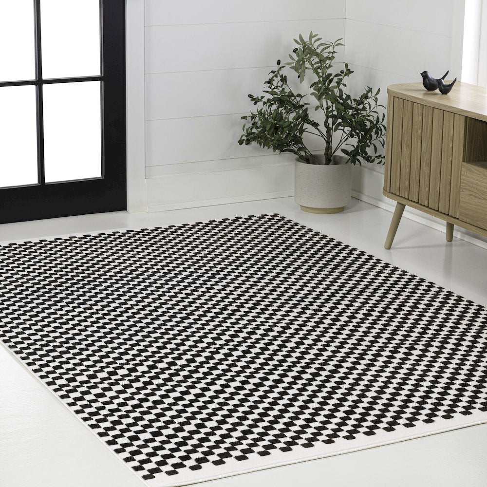 Finn High-Low Modern Minimalist Checkered Monotone Black/White Area Rug