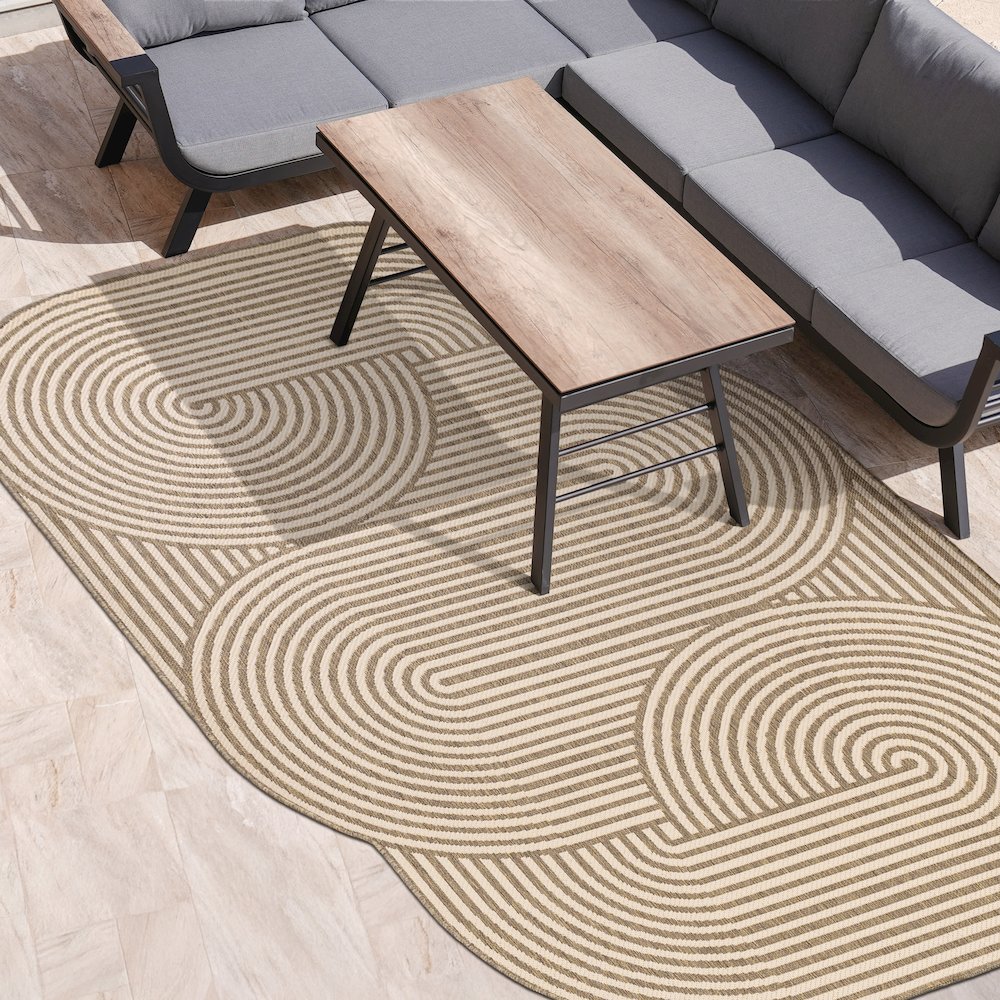 Beige/Brown 9 ft. x 12 ft. Indoor/Outdoor Shaped Area Rug