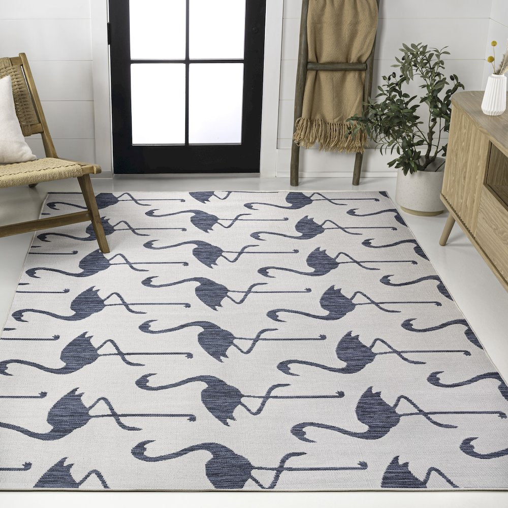 Flamingos Two-Tone White/Navy 8 ft. x 10 ft. Indoor/Outdoor Area Rug